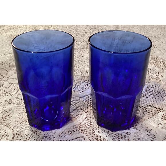 2 Libbey Crisa Glass Cobalt Blue Tumblers 8 Panel Heavy Glasses 5.5" Vintage - Picture 5 of 11